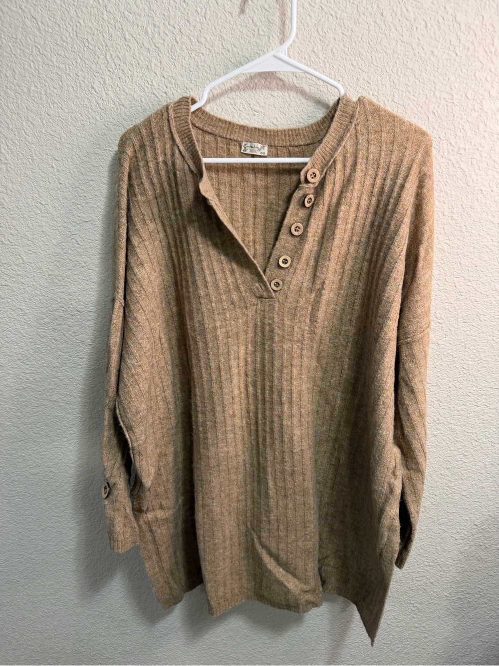 Free People Ribbed V-Neck Button-Placket Sweater - Tan